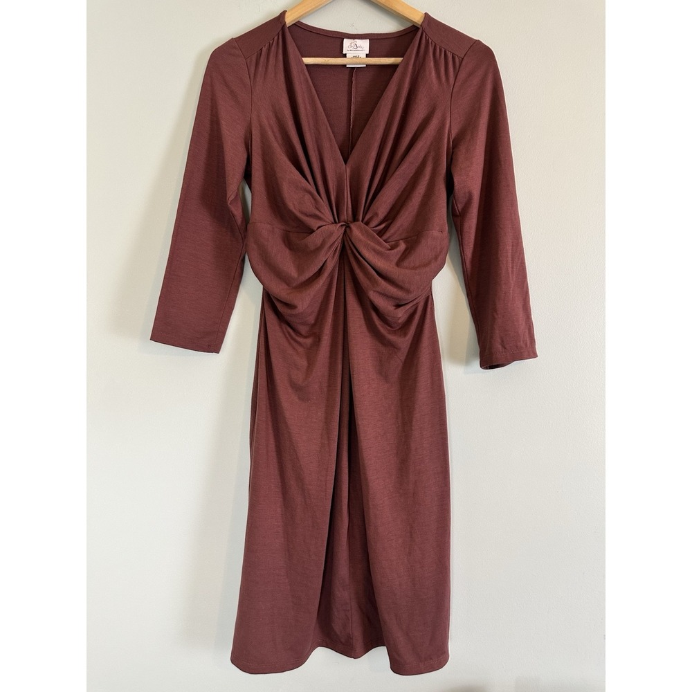 Oh Baby Motherhood Maternity Dress 3/4 Sleeve Twist Front Brown Medium Pleated